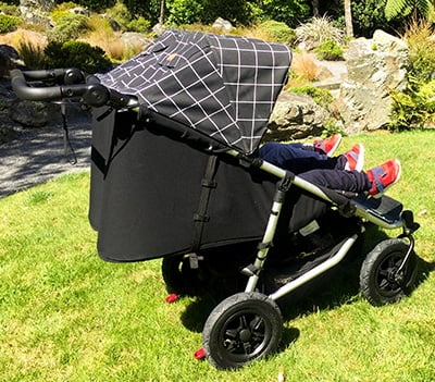 Mountain Buggy Duet features recline seats and all-terrain wheels