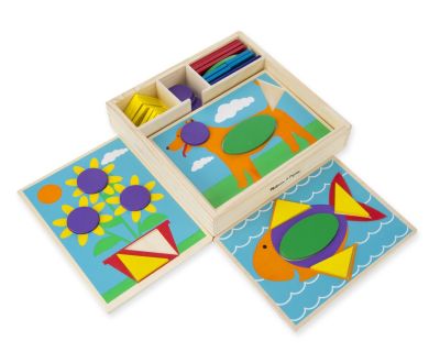 Melissa &amp; Doug Beginner Wooden Pattern Blocks Educational Toy With 5 Double-Sided Scenes and 30 Shapes
