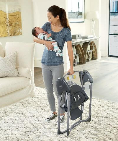 Graco Slim Spaces Compact Baby Swing Graco Slim Spaces Compact Baby Swing is portable - you can carry it with one hand while holding a baby in other!