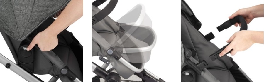 Functions of the toddler seat - reversible, with adjustable footrest and removable bumper bar