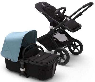 Bugaboo Fox2 includes chassis, seat frame, toddler seat fabrics, bassinet fabrics, canopy, storage basket and wheel caps